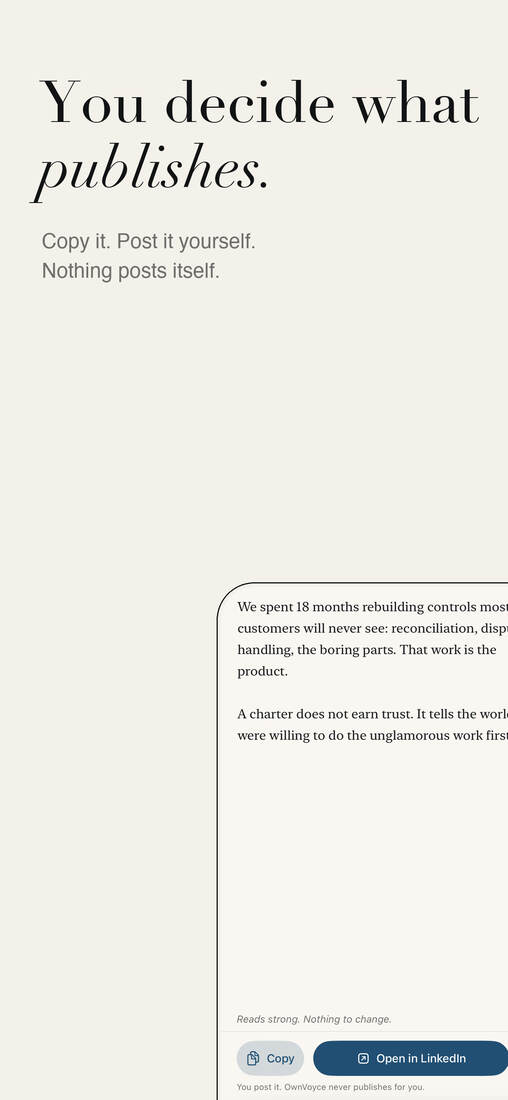 App Store render — You decide what publishes. Nothing posts itself.