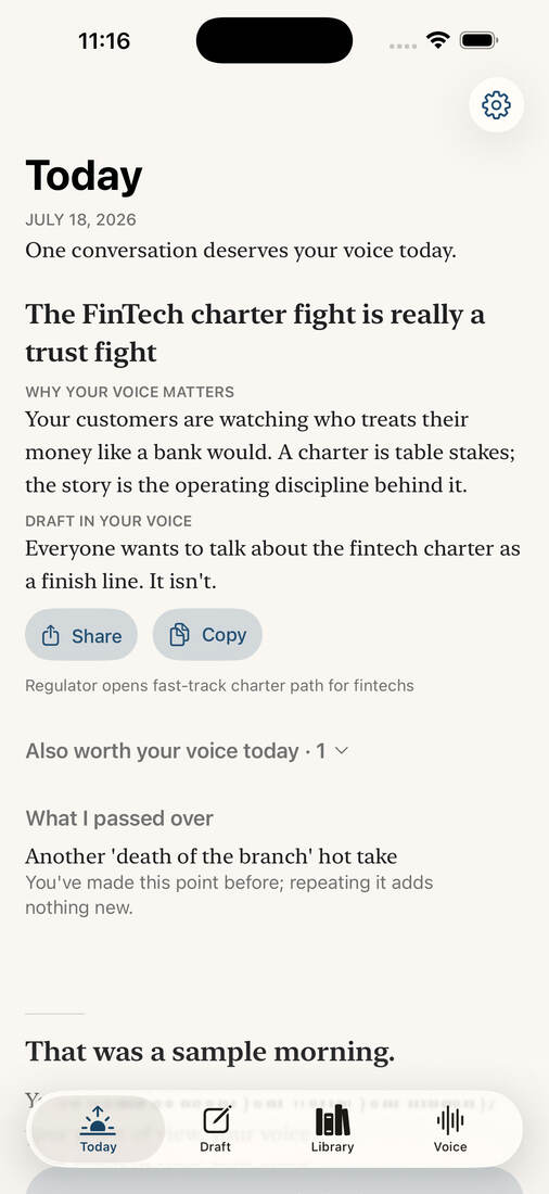 The real OwnVoyce Today screen, showing the daily brief and the What I passed over section