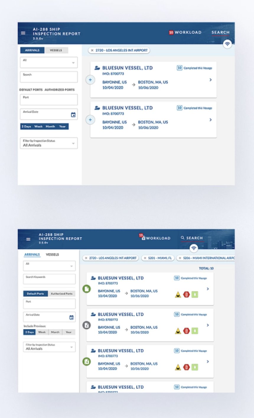 Two AI-288 ship inspection report screens: arrivals list with vessels, ports, and inspection statuses