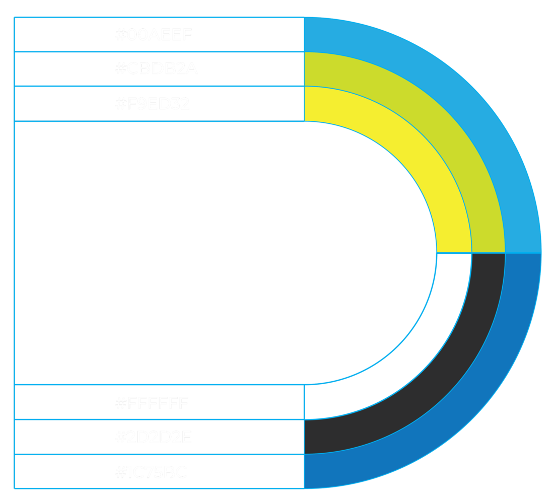 The color system: hex values arcing through blue, greens, yellow, white, charcoal