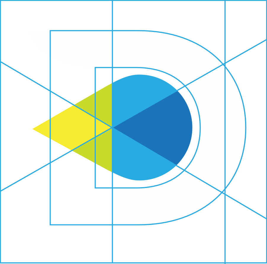 Construction drawing of the D mark: grid lines and geometry over the letterform