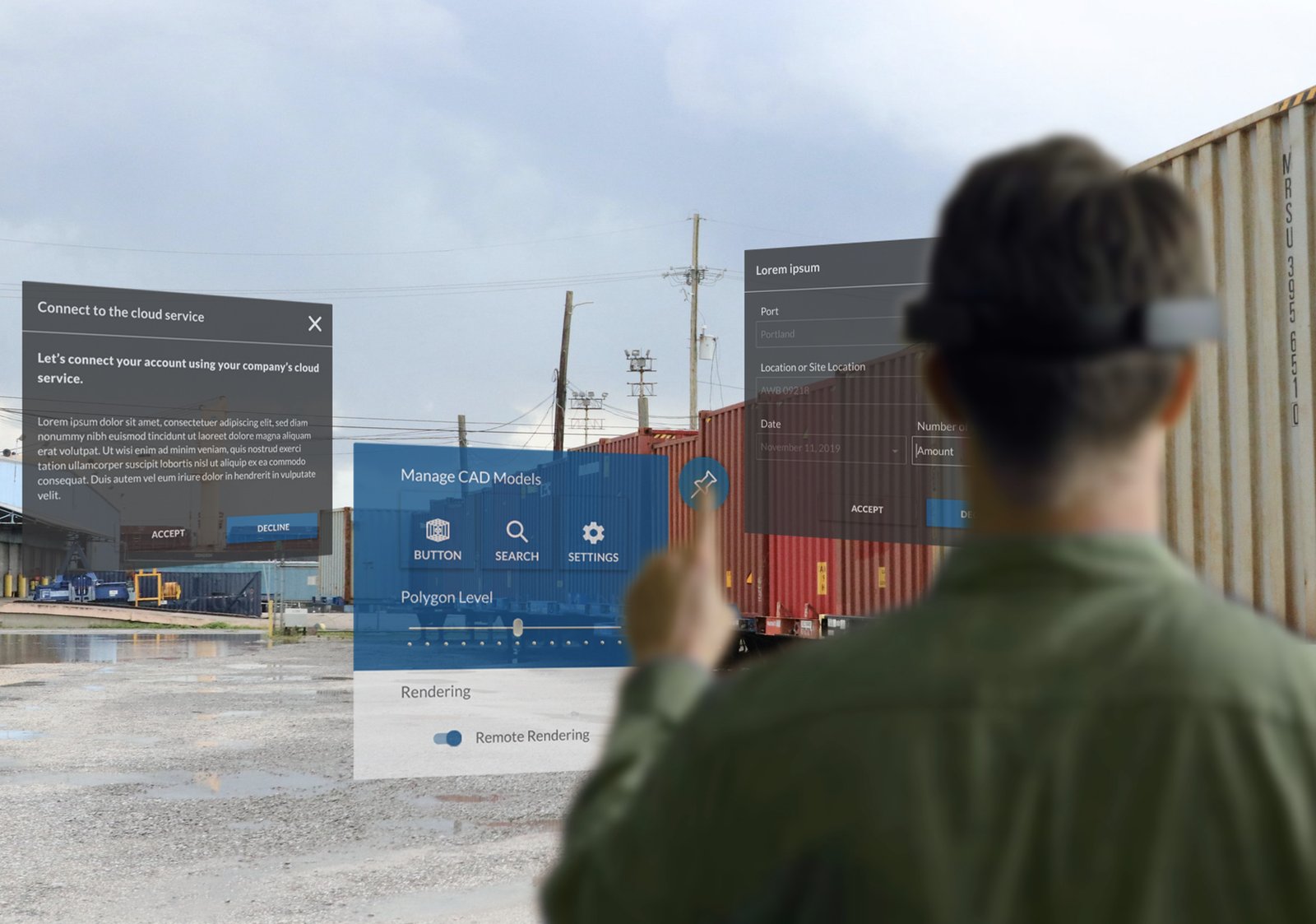 An officer wearing a HoloLens at a container yard, augmented panels floating in view