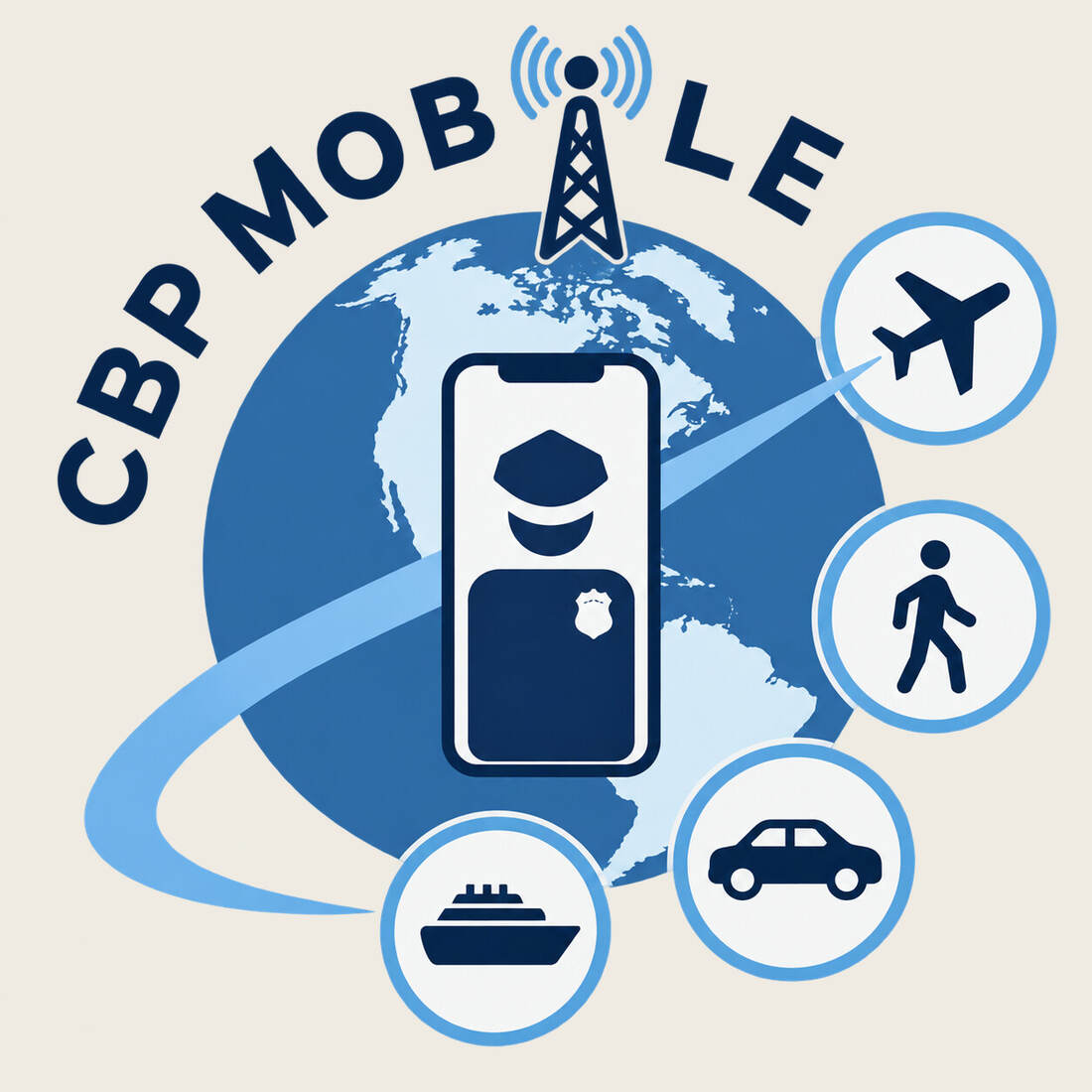 CBP Mobile program mark: a phone with officer interface over a globe, surrounded by transport mode icons, with the line Travel. Verify. Proceed.
