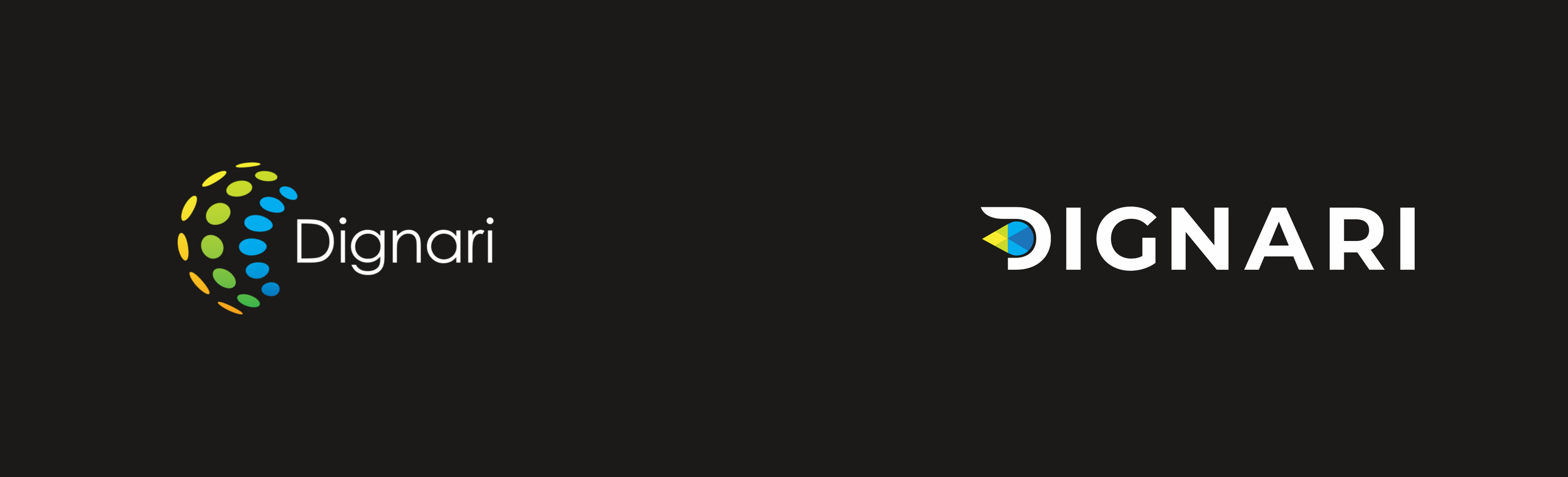 The old Dignari logo beside the new: a dotted sphere wordmark, then the constructed D mark