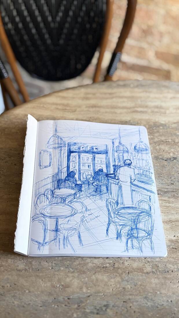 Cafe interior, in ink