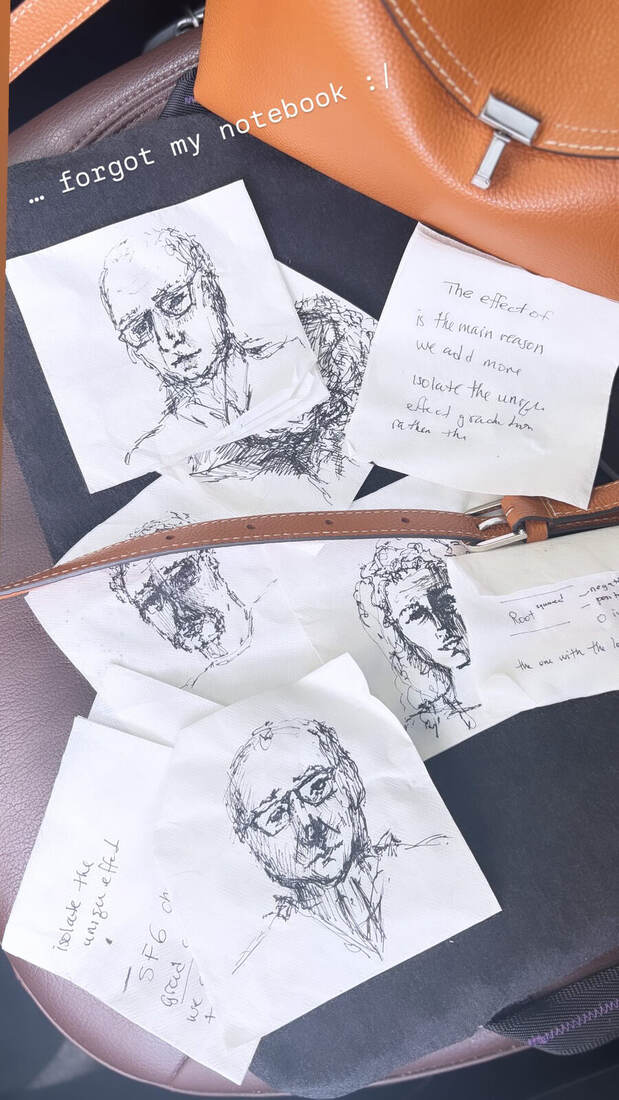 Faces drawn on cafe napkins spread across a car seat, beside the note forgot my notebook