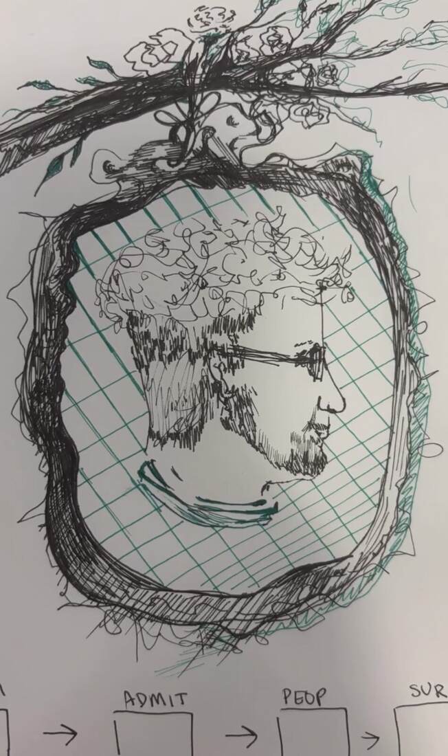 The same profile in ink, framed in a wreath of branches over graph paper