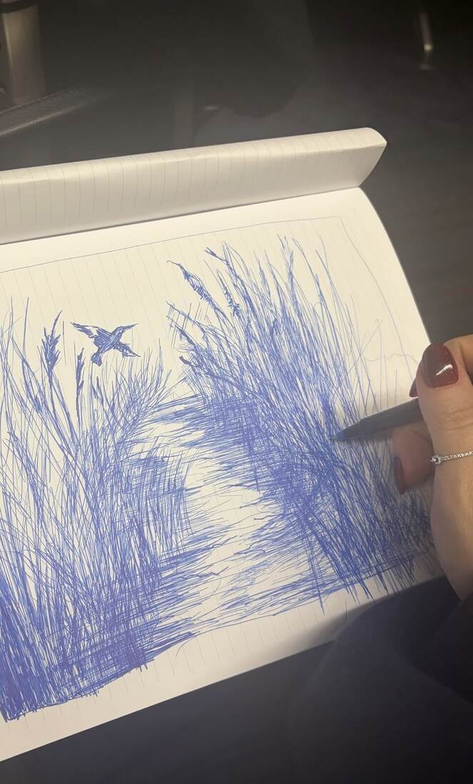 Reeds and a bird, pen still in hand